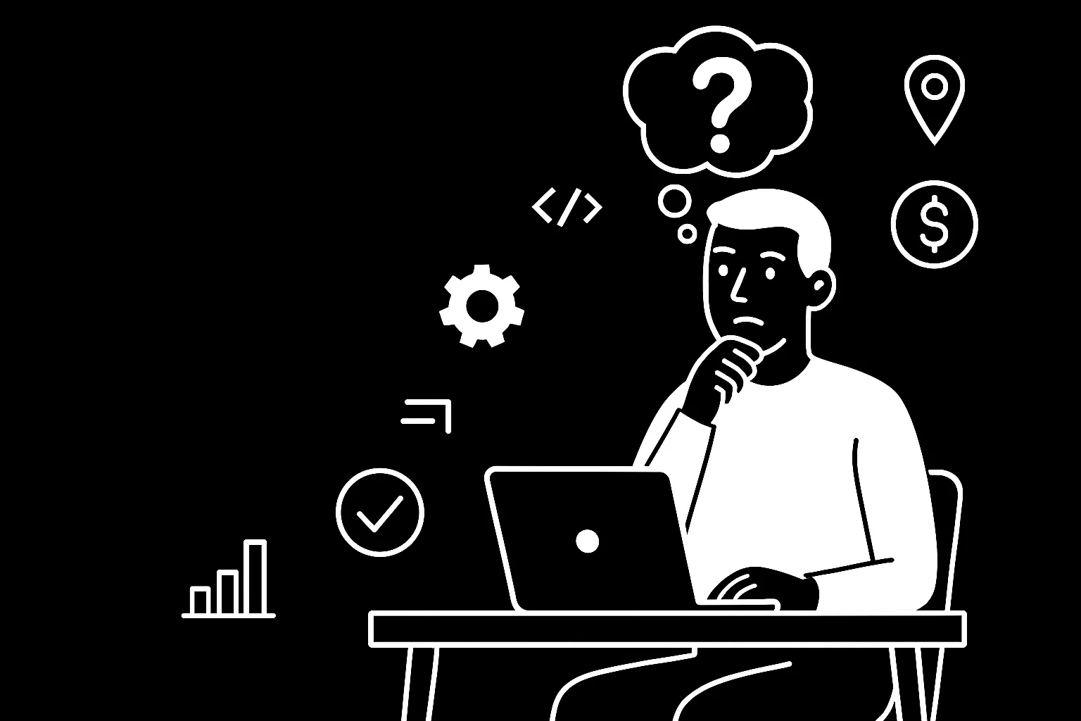 A man sitting at a laptop, thinking about BoundlessHR and its remote staffing solutions.